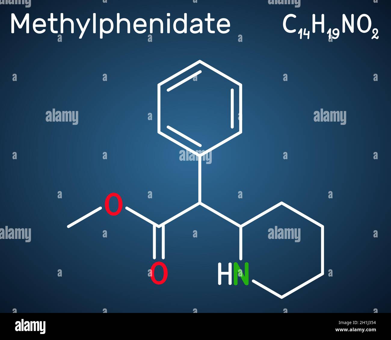 Methylphenidate, MP, MPH molecule. It is central nervous system stimulant. Used in treatment of Attention-Deficit Hyperactivity Disorder, ADHD. Struct Stock Vector