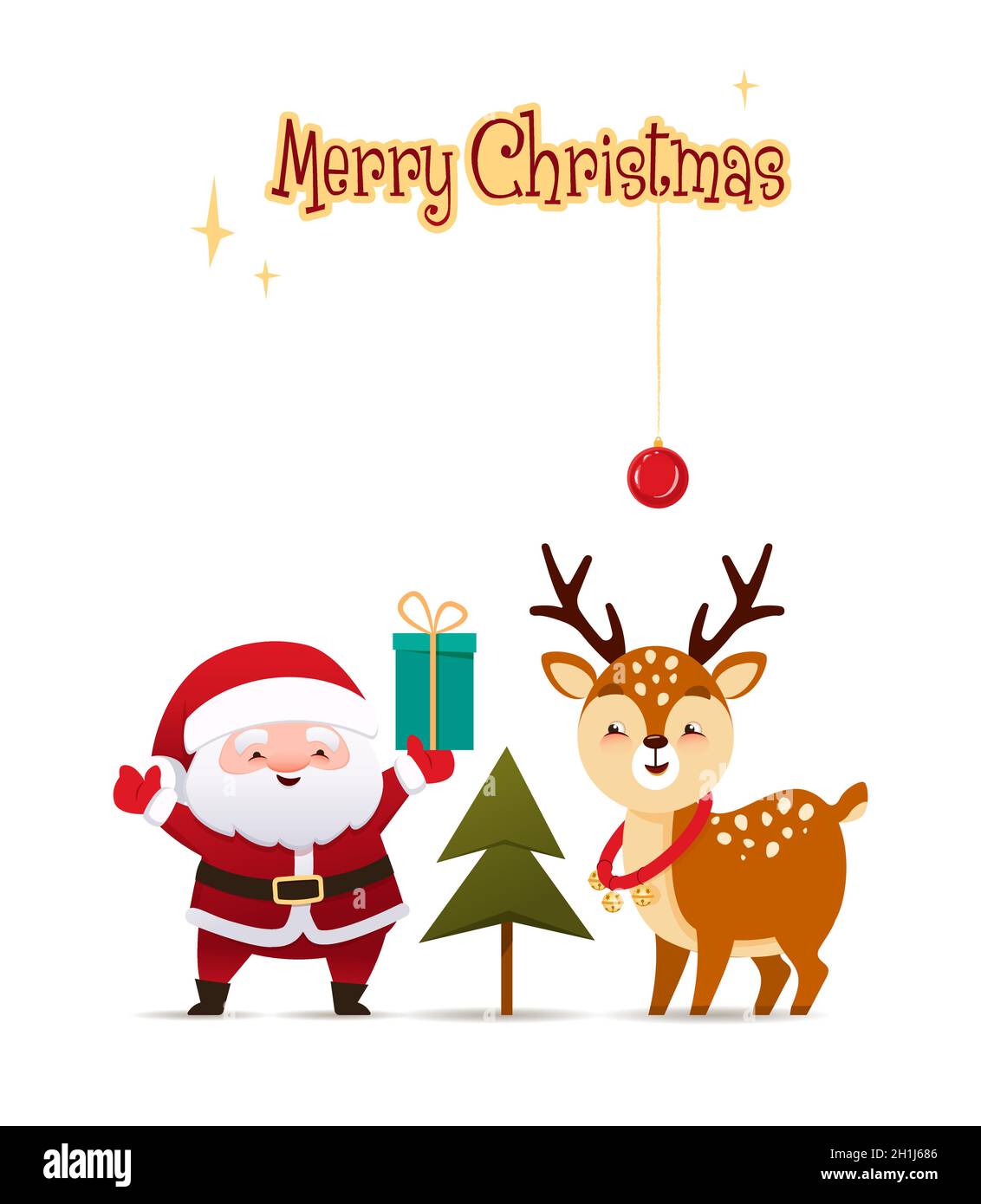 Cute Santa Claus next to a deer and a Christmas tree is holding a gift ...