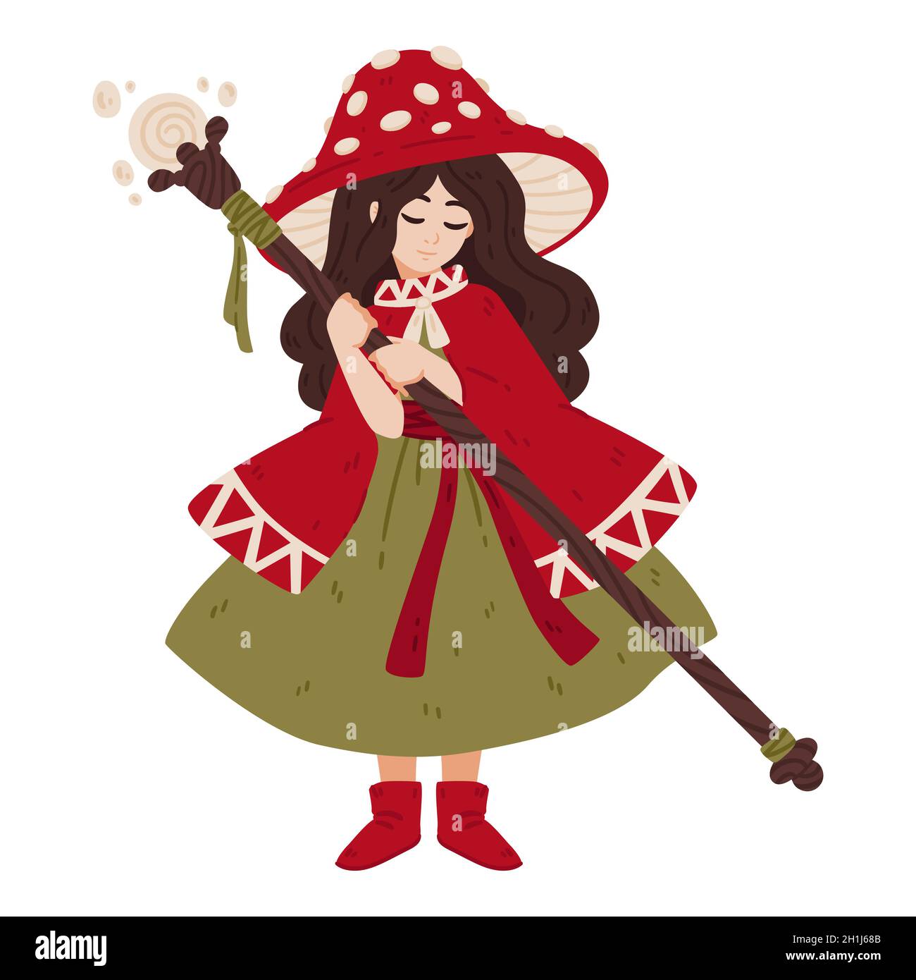 Mushroom witch, with a magic staff, a cape and a fly agaric hat. The enchantress grows boletus. Halloween drawing for poster, cards and more. Vector i Stock Vector