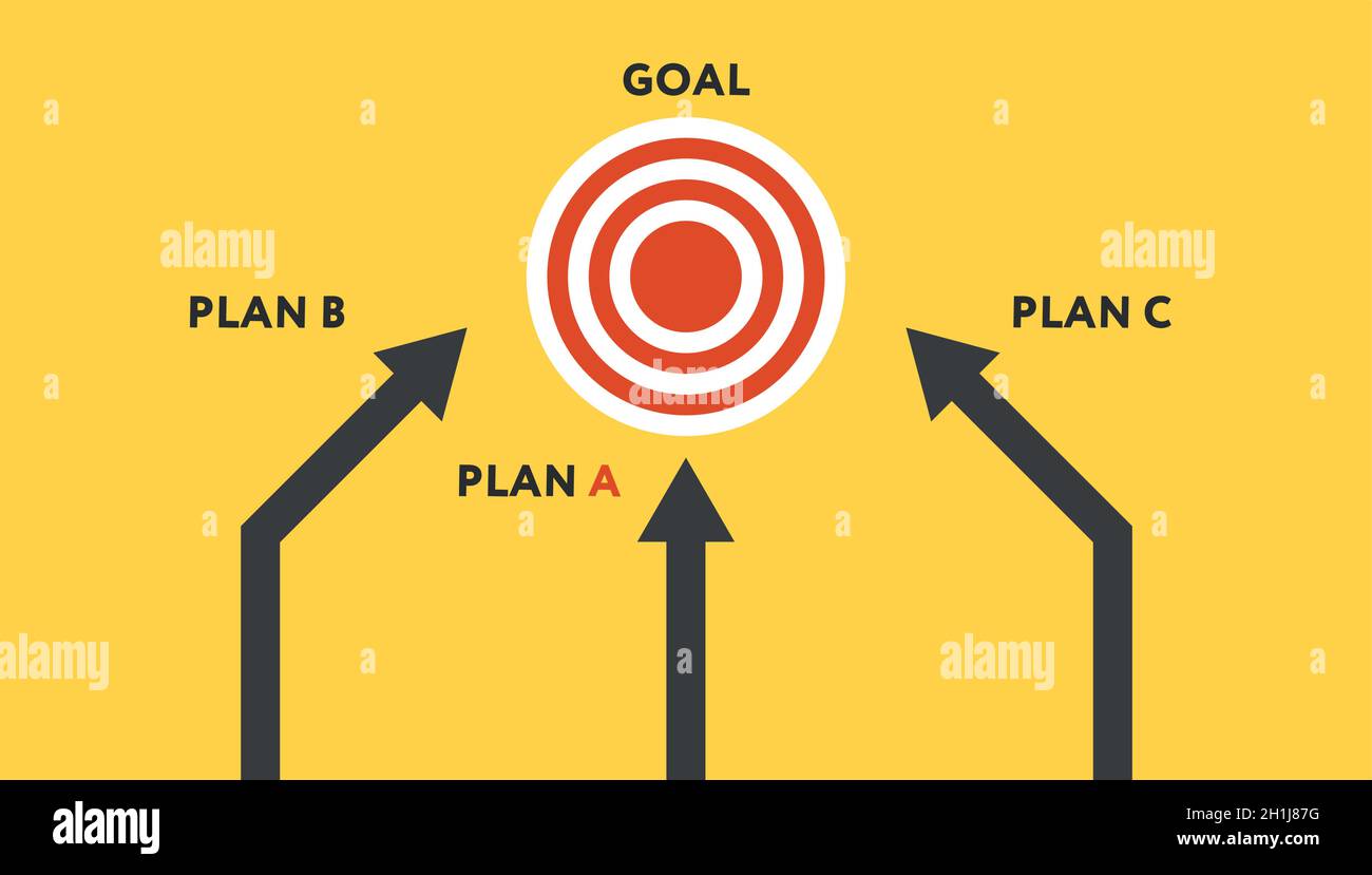Backup plan. Vector illustration in flat design. Three different arrows moving to one target Stock Vector