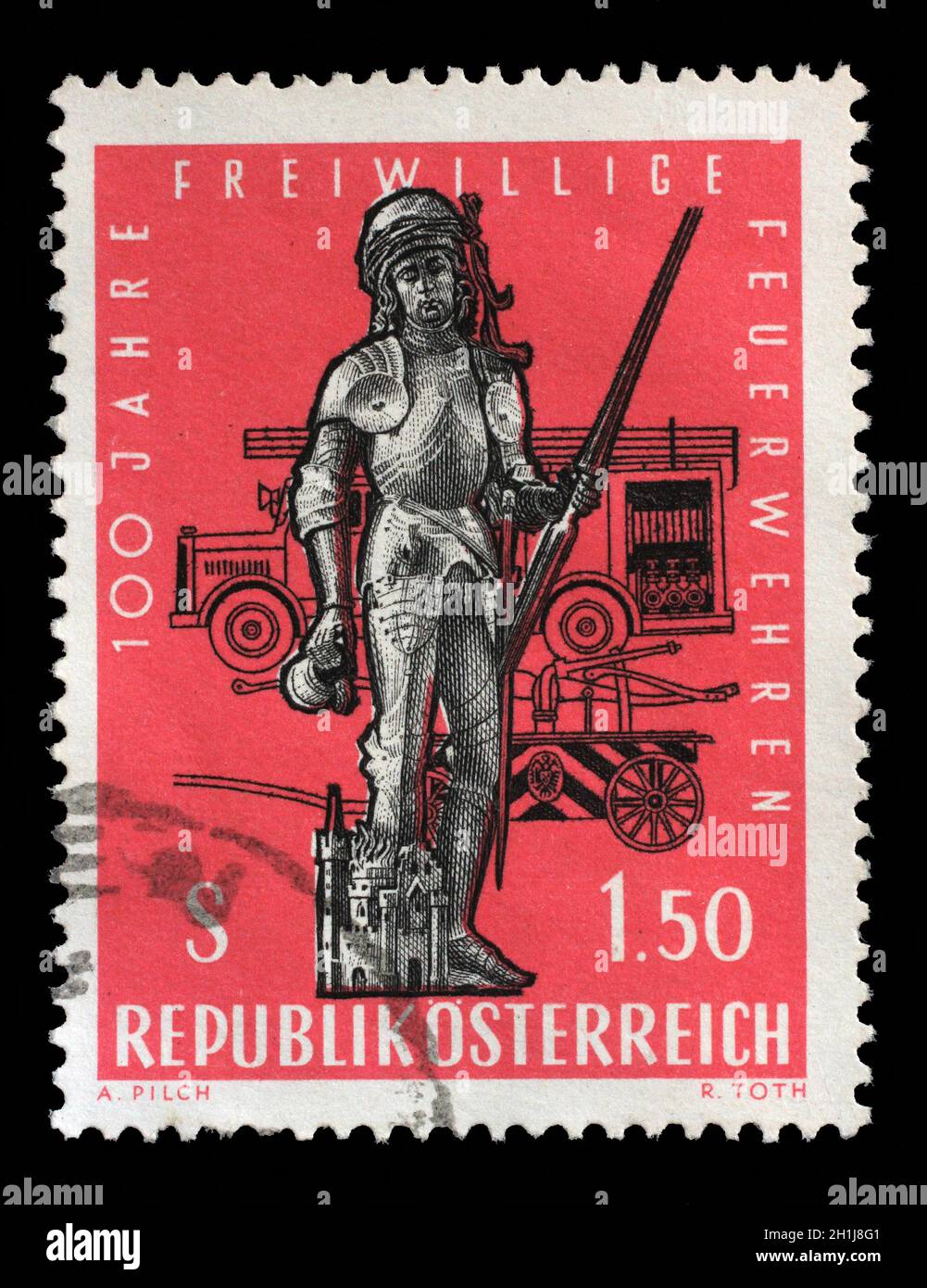 Stamp issued in the Austria shows the Saint Florian Statue in Kefermarkt and Fire Brigade Truck, circa 1963. Stock Photo