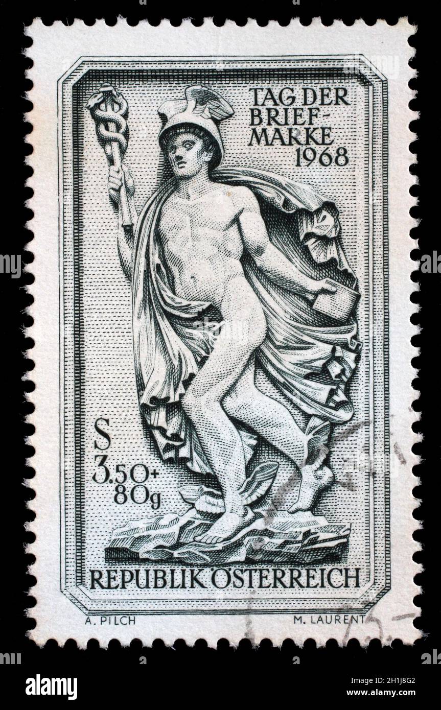 Stamp printed in Austria shows facade relief 'Messenger of the Gods', Purkersdorf Vienna, circa 1968. Stock Photo
