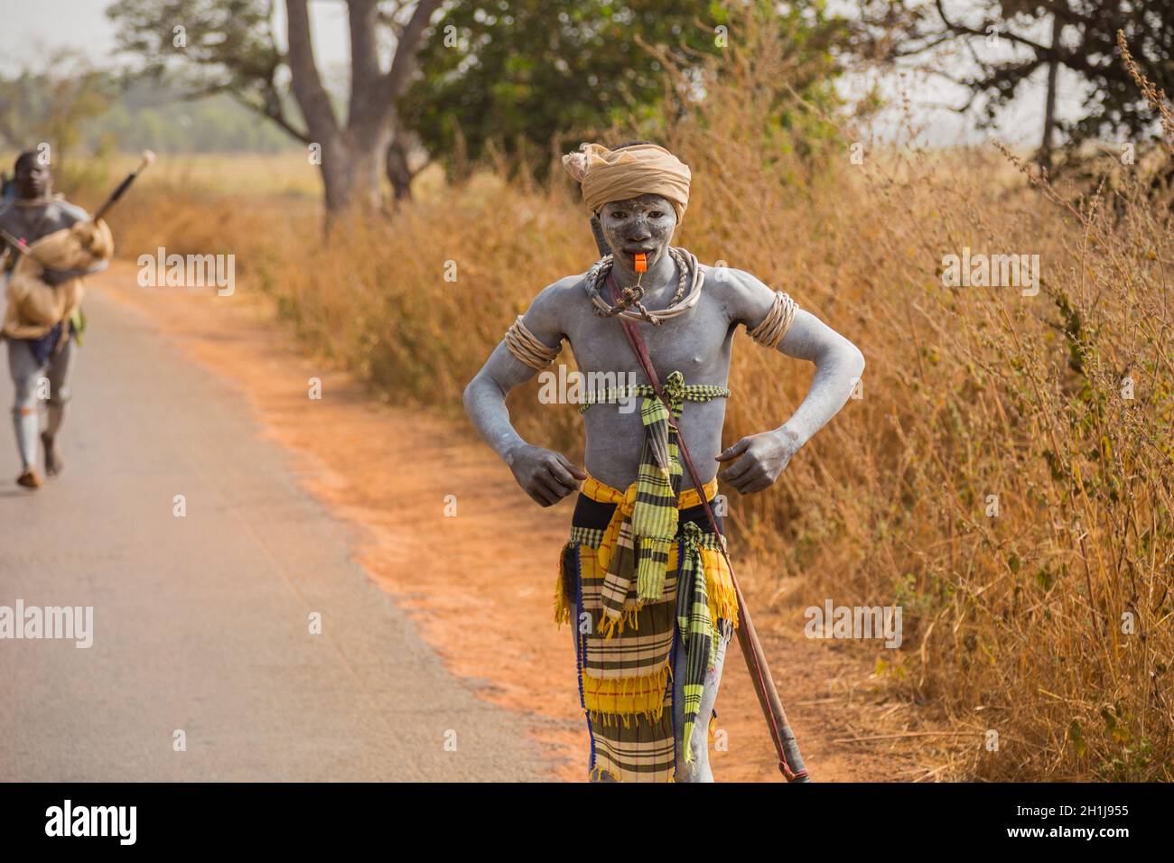 Bissau, Republic of Guinea-Bissau - January 11, 2020: Portrait of a man warrior with traditionally painted face Stock Photo
