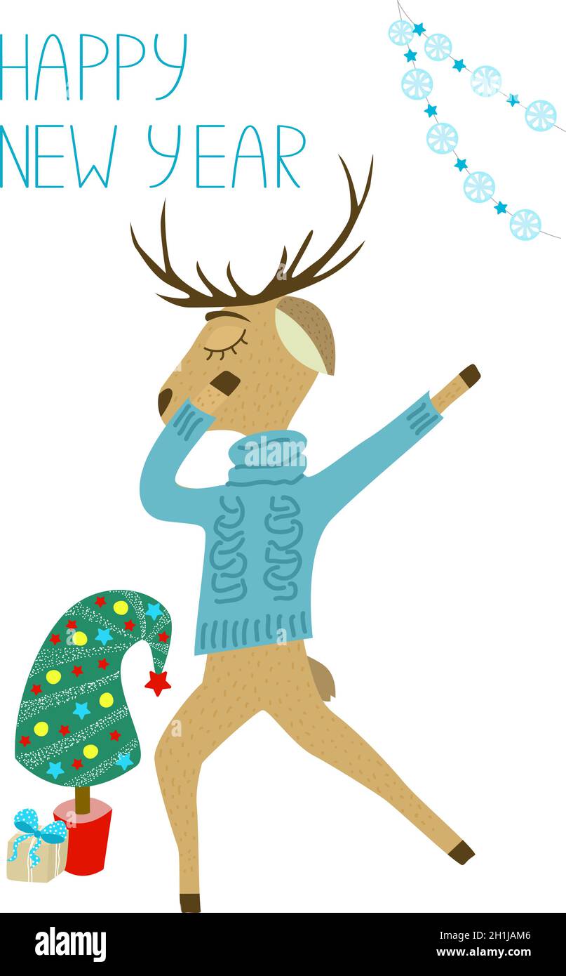 Happy new year greeting card. Cute dancing deer in a sweater with a ...