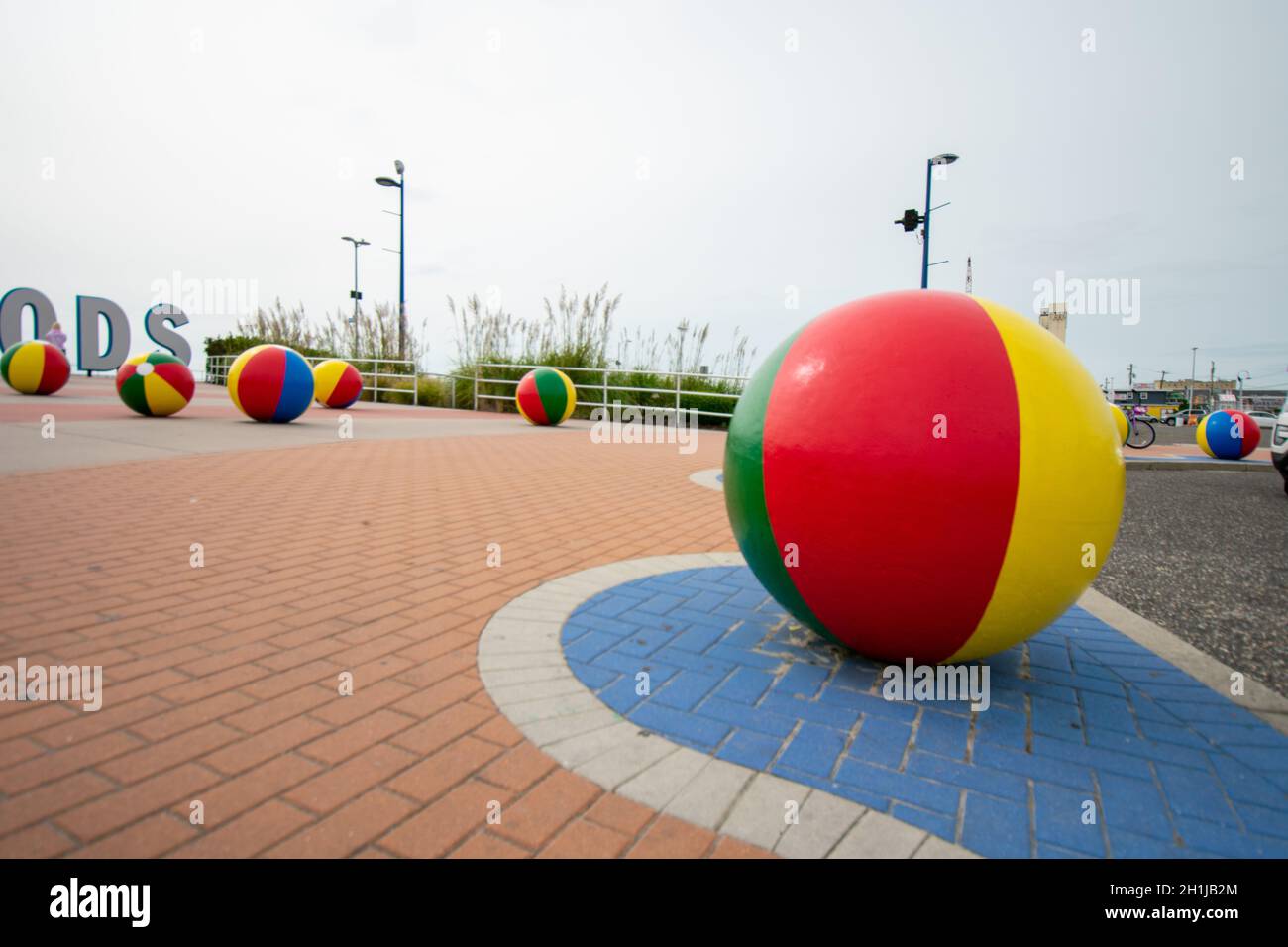 WILDWOOD, NEW JERSEY - September 17, 2020: A Beach Ball in Front of the Famous Wildwood Sign at the Wildwood Boardwalk Stock Photo