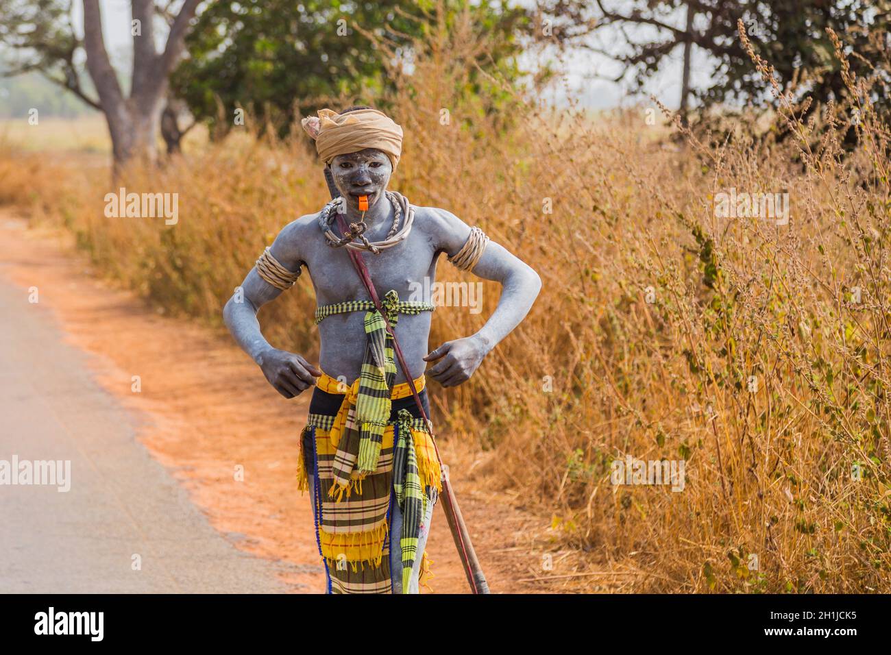 Bissau, Republic of Guinea-Bissau - January 11, 2020: Portrait of a man warrior with traditionally painted face Stock Photo