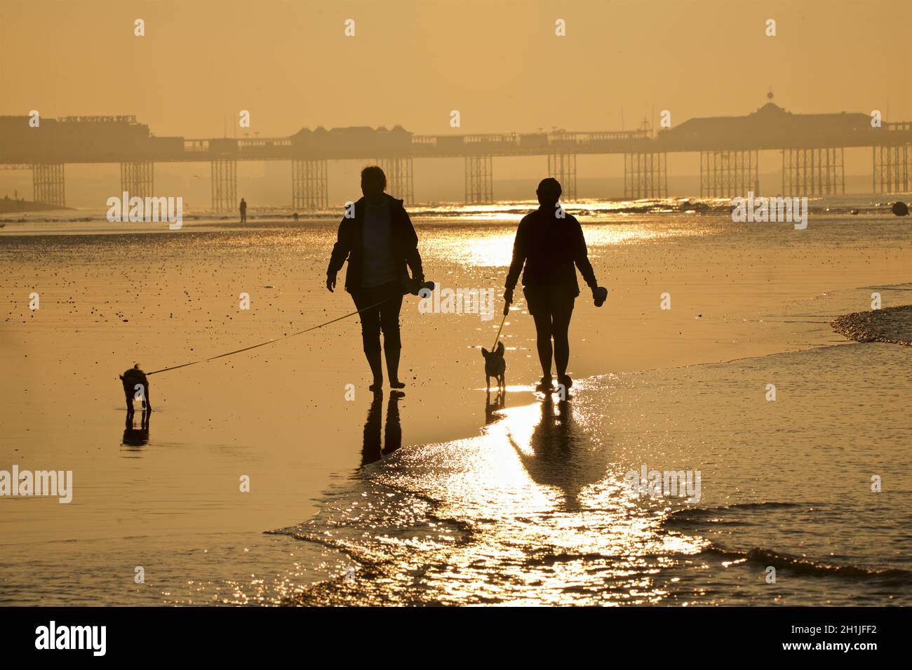 Brighton beach at low tide, sunrise. The Palace Pier silhouetted in the background. Women walking with dogs. Brighton & Hove, Sussex, England, UK Stock Photo