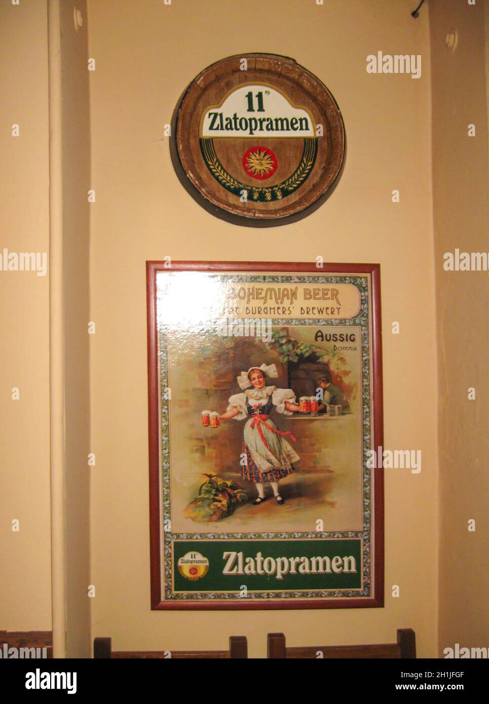 Prague, Czech Republic - June 26, 2010: The Zlatopramen logo of beer at Narodni Restaurant at Prague, Czech Republic on June 26, 2010. Stock Photo