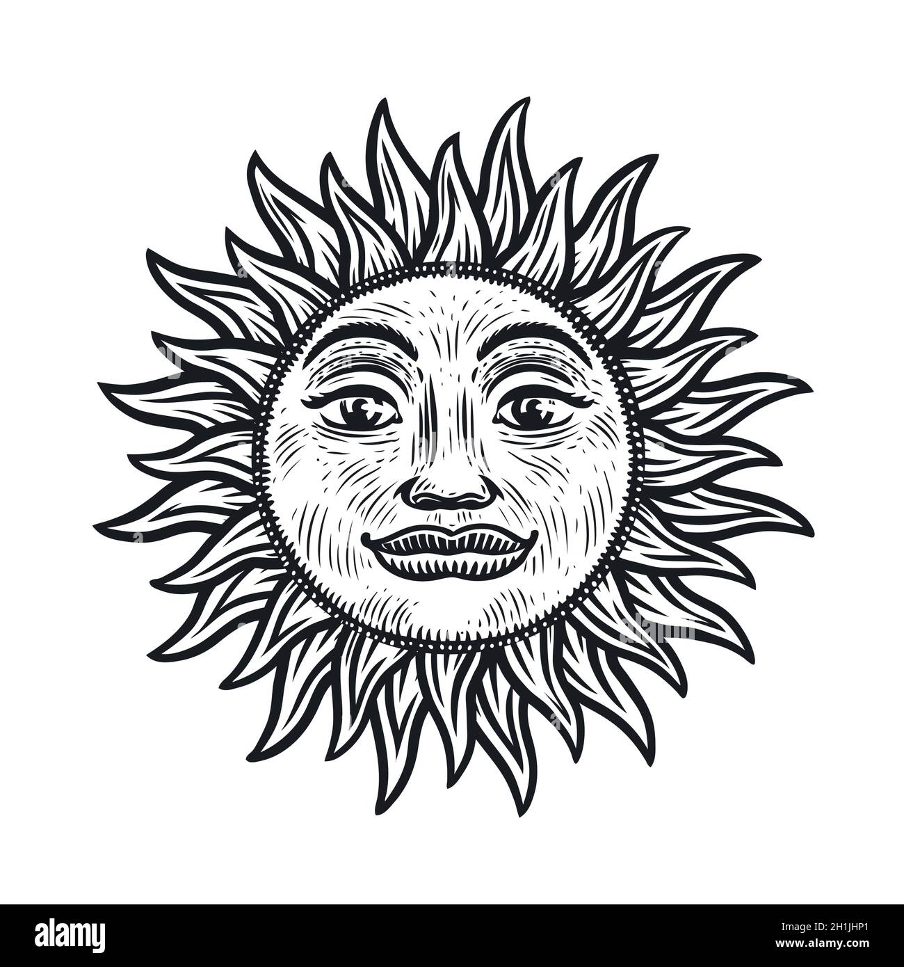 Sun with rays in vintage engraving style. Hand drawn sketch vector illustration Stock Vector