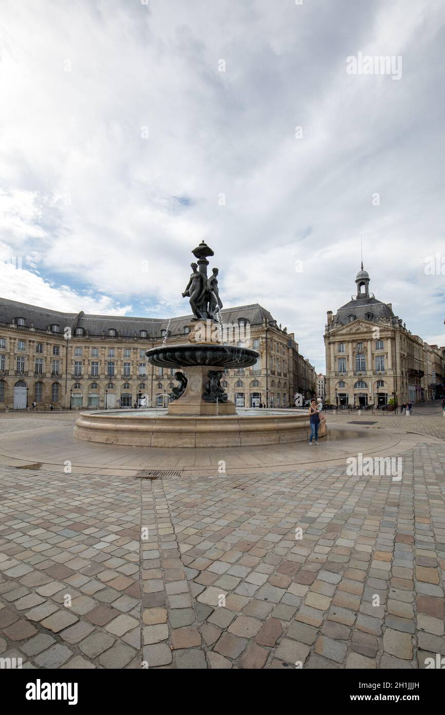 Bordeaux, France - September 9, 2018: Fountain of the Three Graces, Place de la Bourse, Bordeaux, France Stock Photo