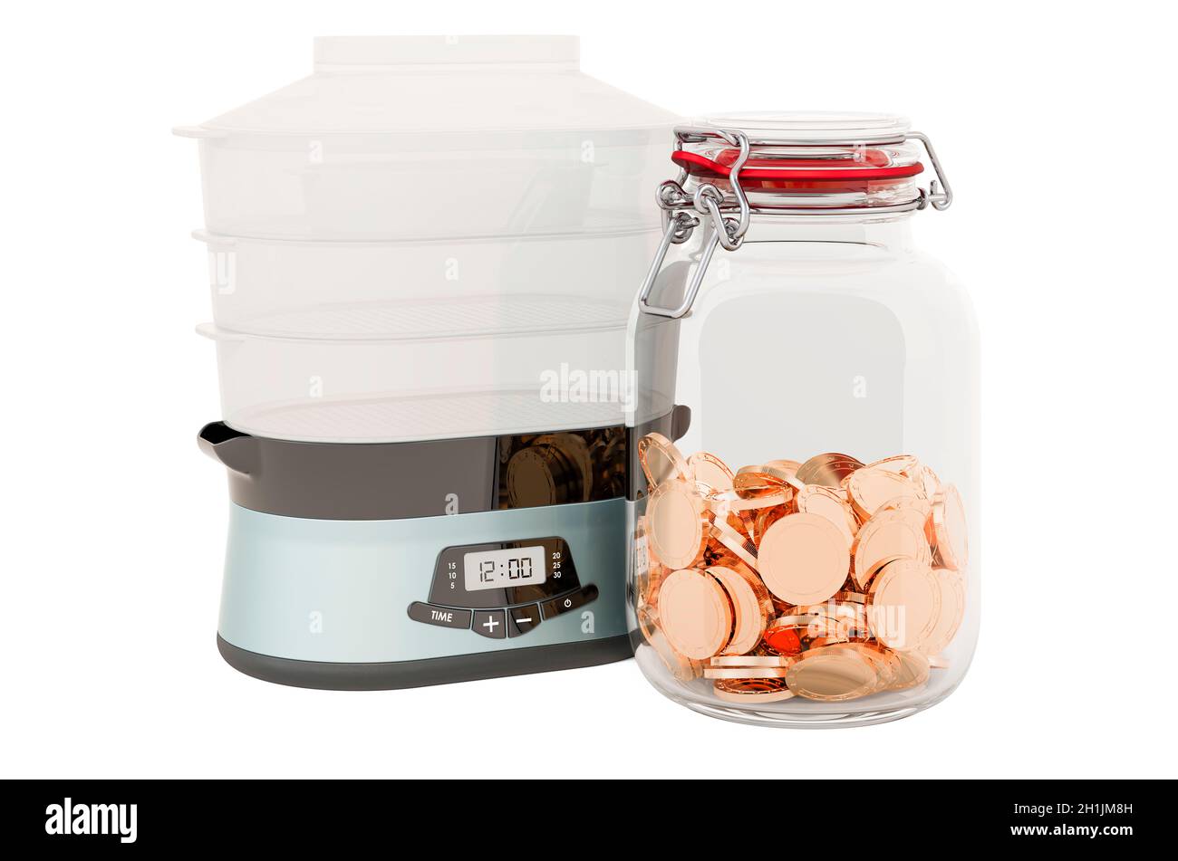 Food steamer with glass jar full of golden coins, 3D rendering isolated