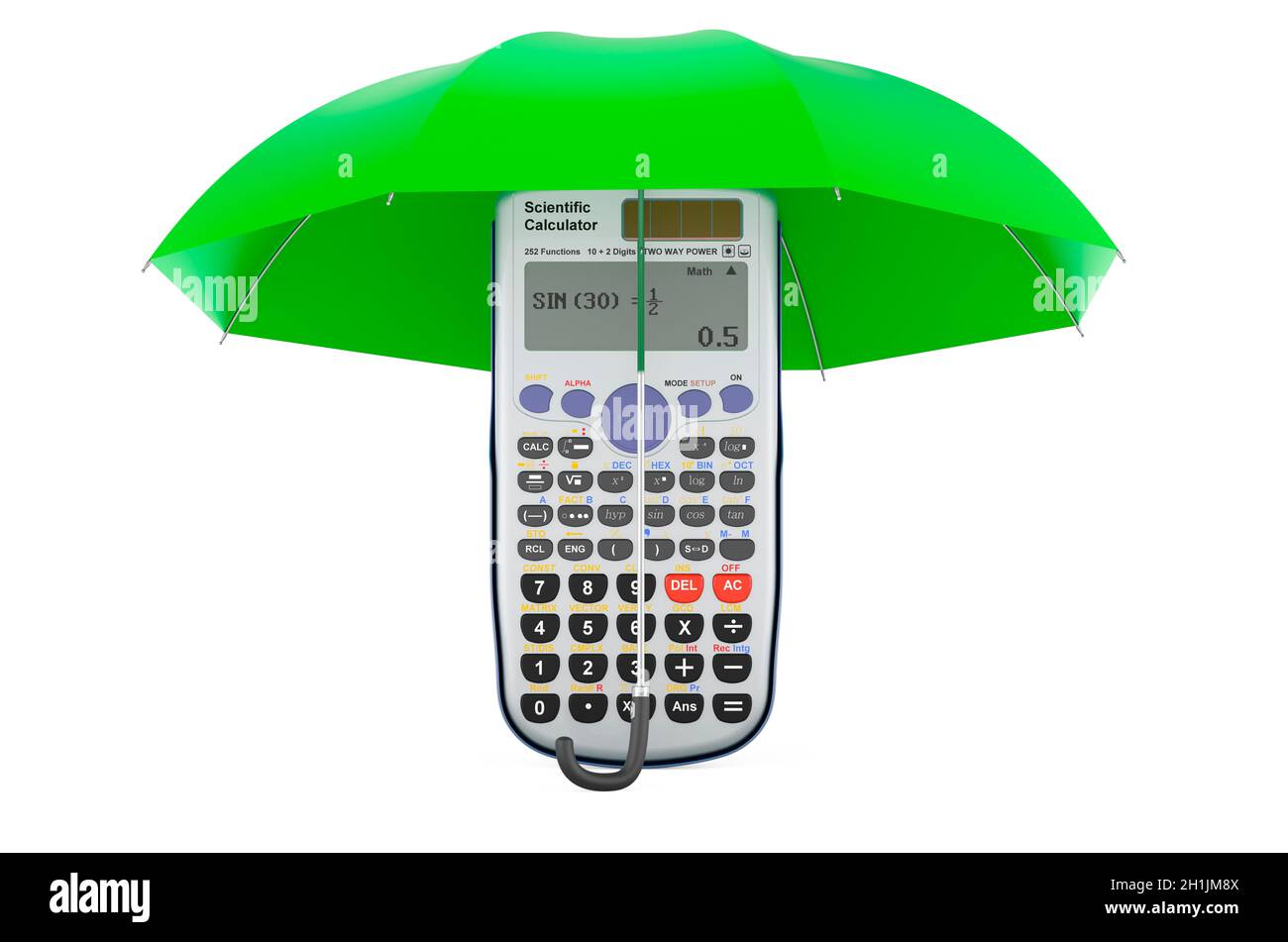 Scientific calculator under umbrella, 3D rendering isolated on white