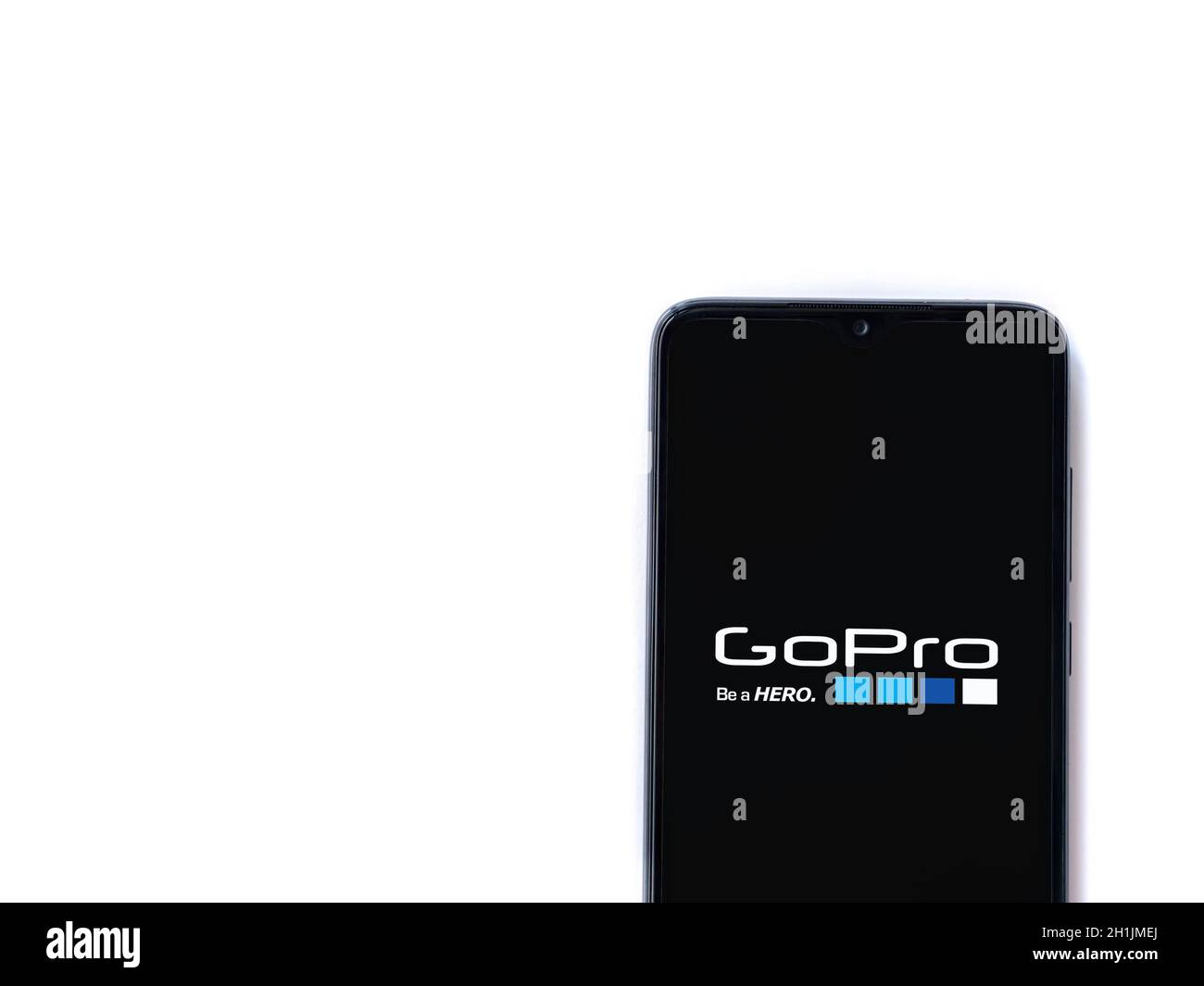 Lod, Israel - July 8, 2020: GoPro - Video Editor & Movie Maker app launch screen with logo on the display of a black mobile smartphone isolated on whi Stock Photo