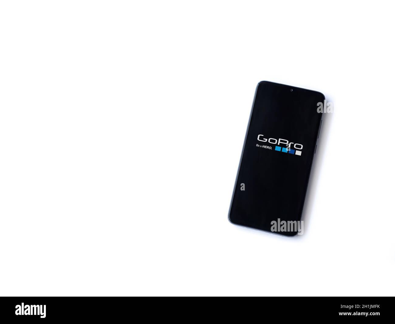 Lod, Israel - July 8, 2020: GoPro - Video Editor & Movie Maker app launch screen with logo on the display of a black mobile smartphone isolated on whi Stock Photo