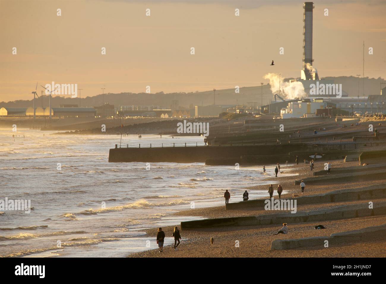 Westerly view across beaches from Brighton  towards West Hove, Portslade, Shoreham. East Sussex, England, UK Stock Photo
