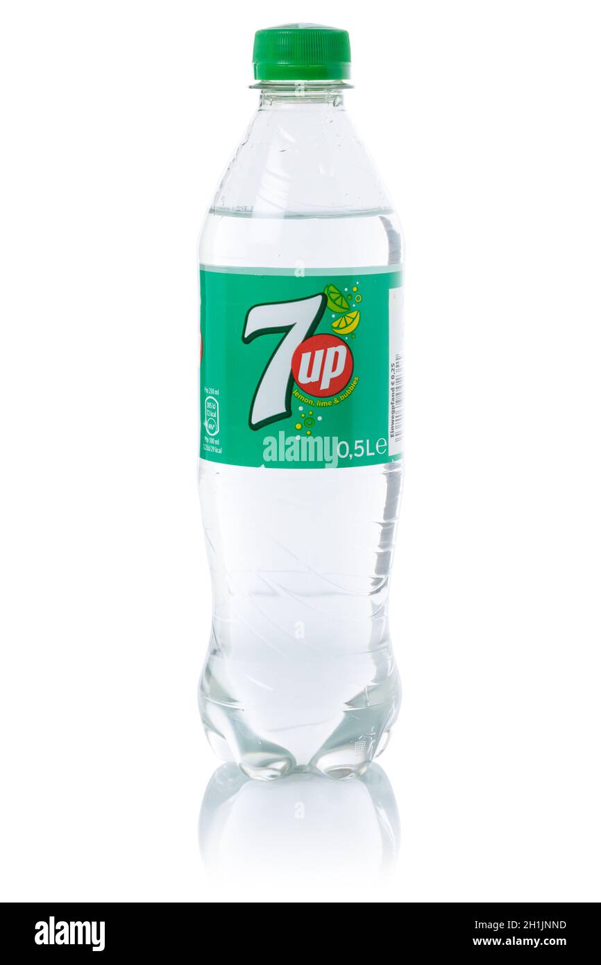 Stuttgart, Germany - August 27, 2021: 7 up lemonade soft drink bottle isolated on a white background in Stuttgart, Germany. Stock Photo