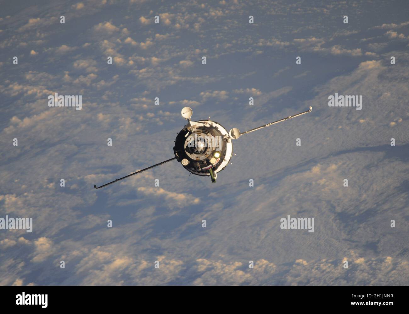 A view of Earth from the International Space Station: Cargo and astronauts approach on this Soyuz module. Ê An optimised and digitally enhanced version of a NASA/ ESA image. Mandatory Credit: NASA/ESA/T. Pesquet. NB: Usage restrictions: Not to be presented as an endorsement. Stock Photo