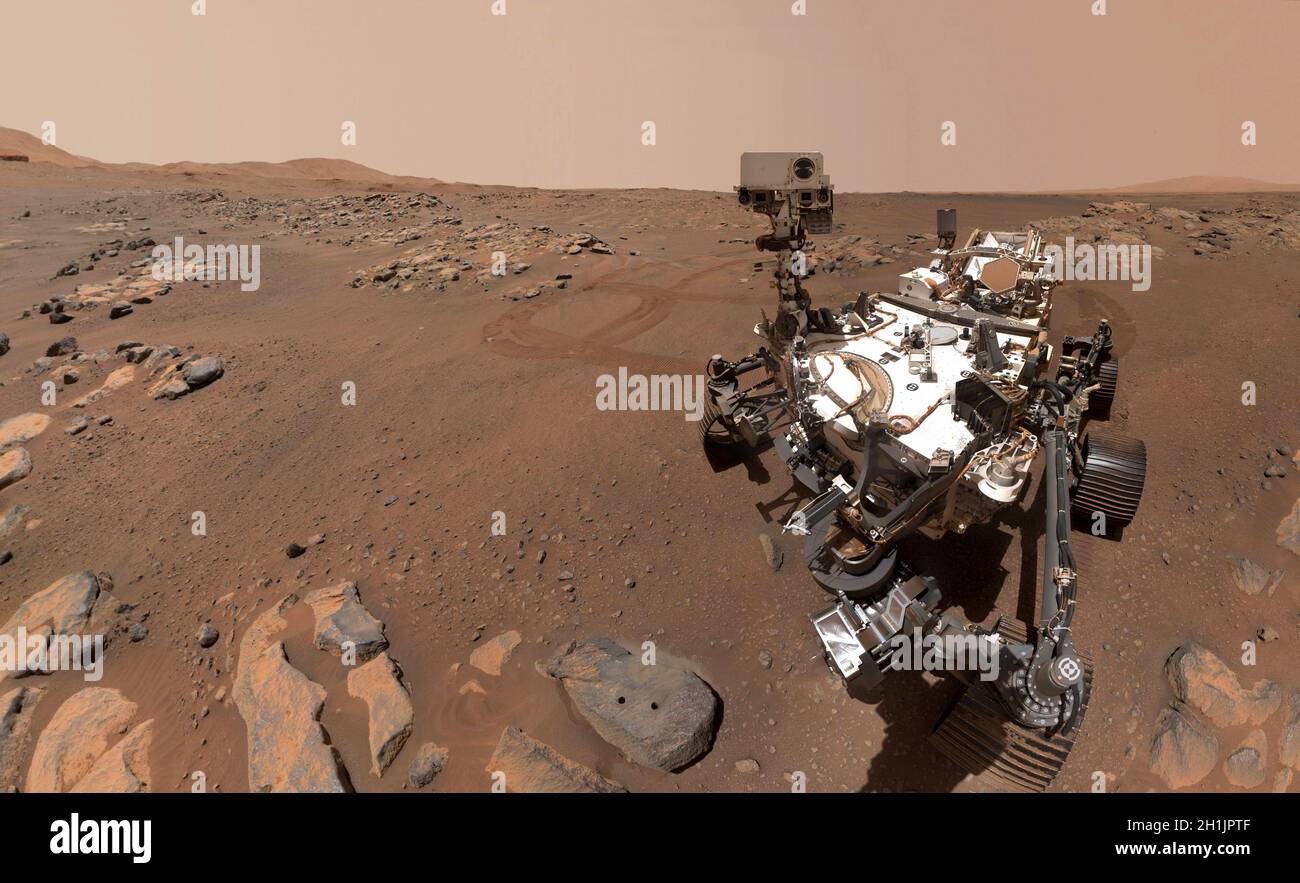 NASA's Perseverance Mars rover took this selfie over a rock nicknamed 'Rochette,' on September 10, 2021, the 198th Martian day, or sol of the mission. Two holes can be seen where the rover used its robotic arm to drill rock core samples. Mars.  An optimised and enhanced version of a NASA image / credit NASA. Stock Photo