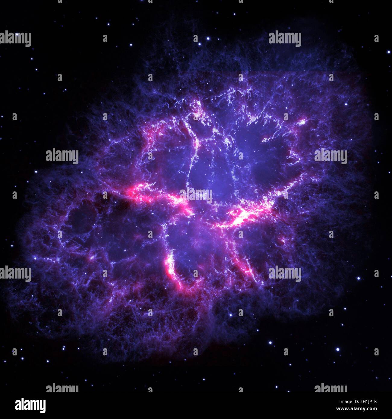 This image shows a composite view of the Crab nebula, an iconic supernova remnant in our Milky Way galaxy, as viewed by the Herschel Space Observatory and the Hubble Space Telescope. A wispy and filamentary cloud of gas and dust, the Crab nebula is the remnant of a supernova explosion that was observed by Chinese astronomers in the year 1054.   An optimised and digitally enhanced version of a NASA/ ESA image. Credit: NASA/ESA Stock Photo