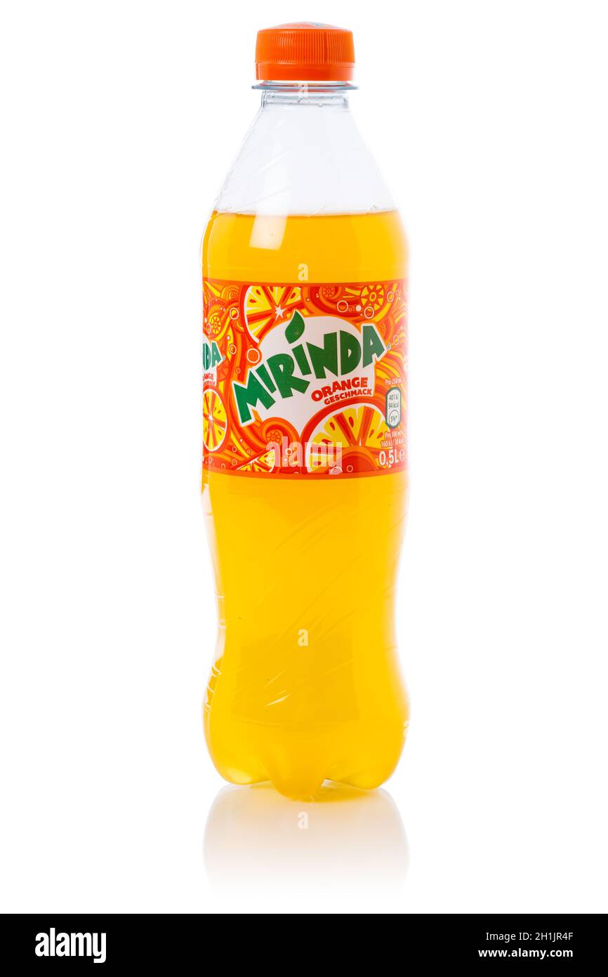 Stuttgart, Germany - August 27, 2021: Mirinda orange lemonade soft drink bottle isolated on a white background in Stuttgart, Germany. Stock Photo