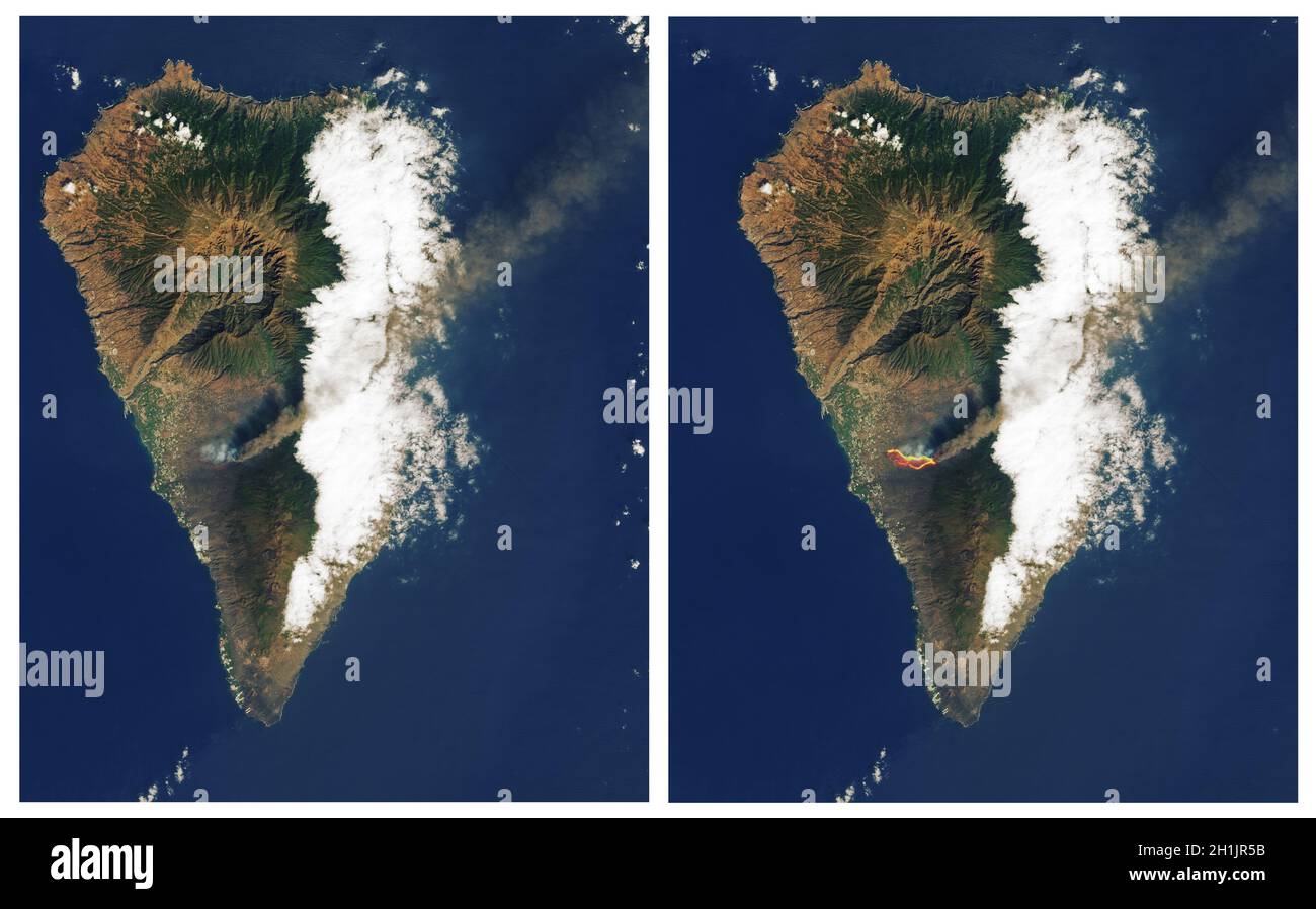 Cumbre Vieja volcano, La Palma, the Canary Islands. The plume contains a mixture of ash, sulphur dioxide and other volcanic gases. Previous eruption: 1971. The eruption of 2021 began on 19 September. On 26 September Landsat8 captured a natural-colour image (left) of lava flowing through the El Paraiso and Todoque neighbourhoods. Though the inside of the lava flow was hot and molten, the cooler surface crust appears dark in natural-colour imagery. Observations of the infrared wavelengths however (right) reveal the hottest parts of the flow. Optimised/enhanced composite of original NASA imagery Stock Photo