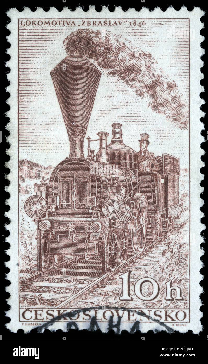 CZECHOSLOVAKIA - CIRCA 1956: A stamp printed in Czechoslovakia, shows Locomotiv Zbraslav - 1846, circa 1956 Stock Photo