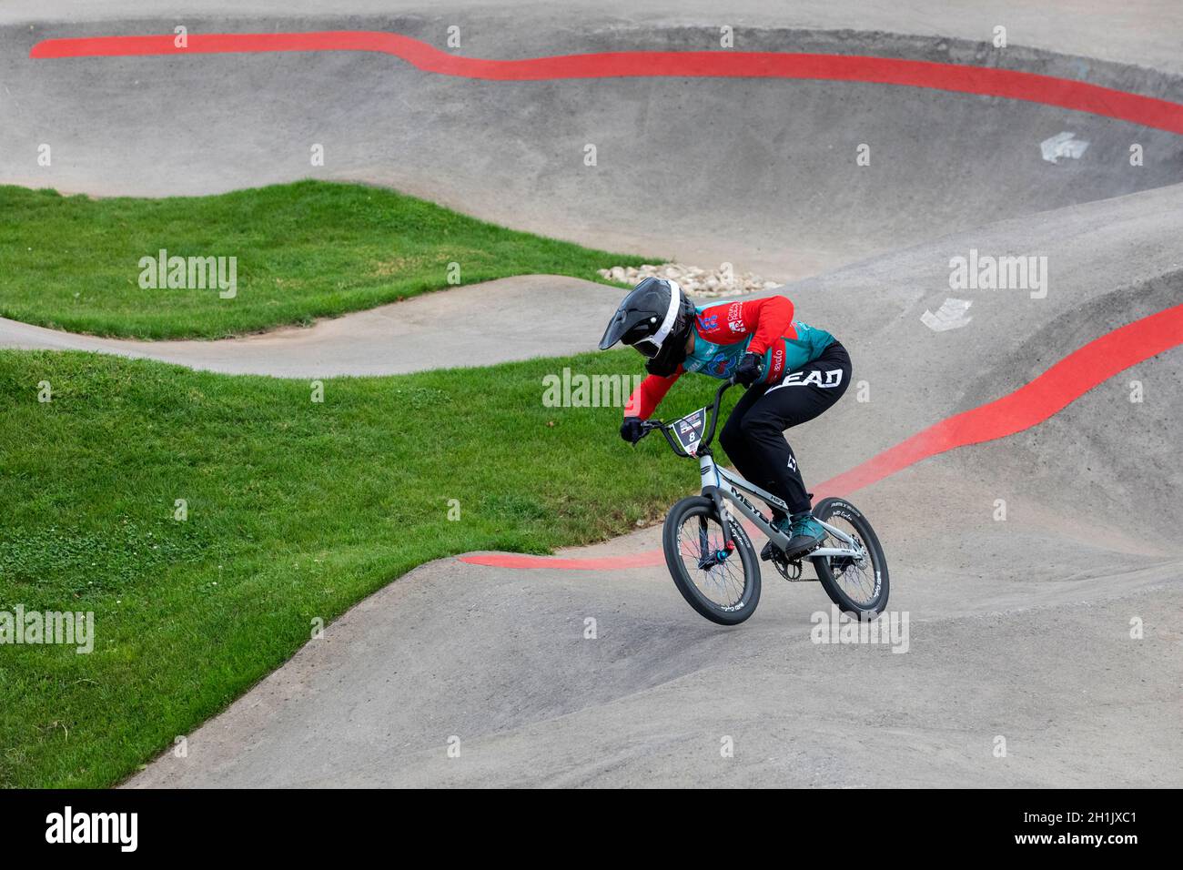 North American biker Brady Kincheloe in action during the men's Red Bull  Pump Track World Championship Final.Eddy Clerte won the Men's Final. (Photo  by Hugo Amaral / SOPA Images/Sipa USA Stock Photo -