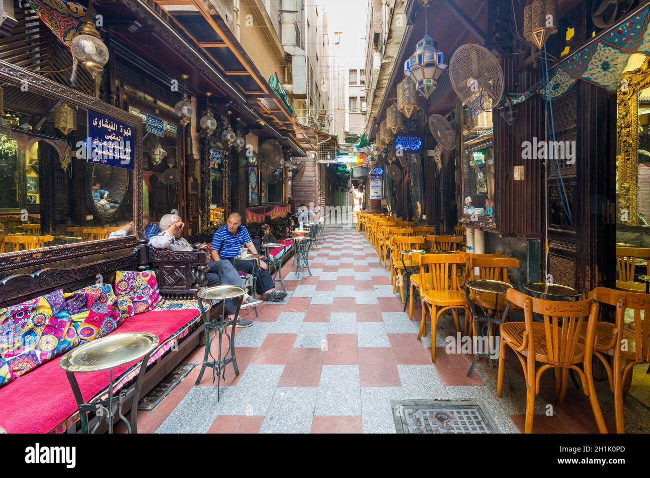 Cairo, Egypt- September 25 2021: Old famous coffeehouse, El Fishawi, located in historic Mamluk era Khan al-Khalili famous bazaar and souq Stock Photo