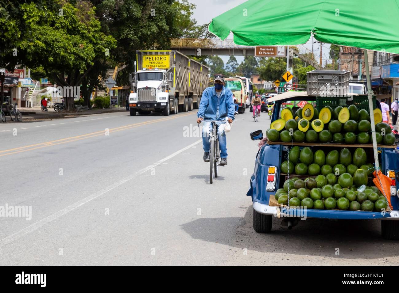 EL CERRITO, COLOMBIA - OCTOBER, 2020:  Street sell of avocado at an old car at El Cerrito on the Valle del Cauca region in Colombia Stock Photo