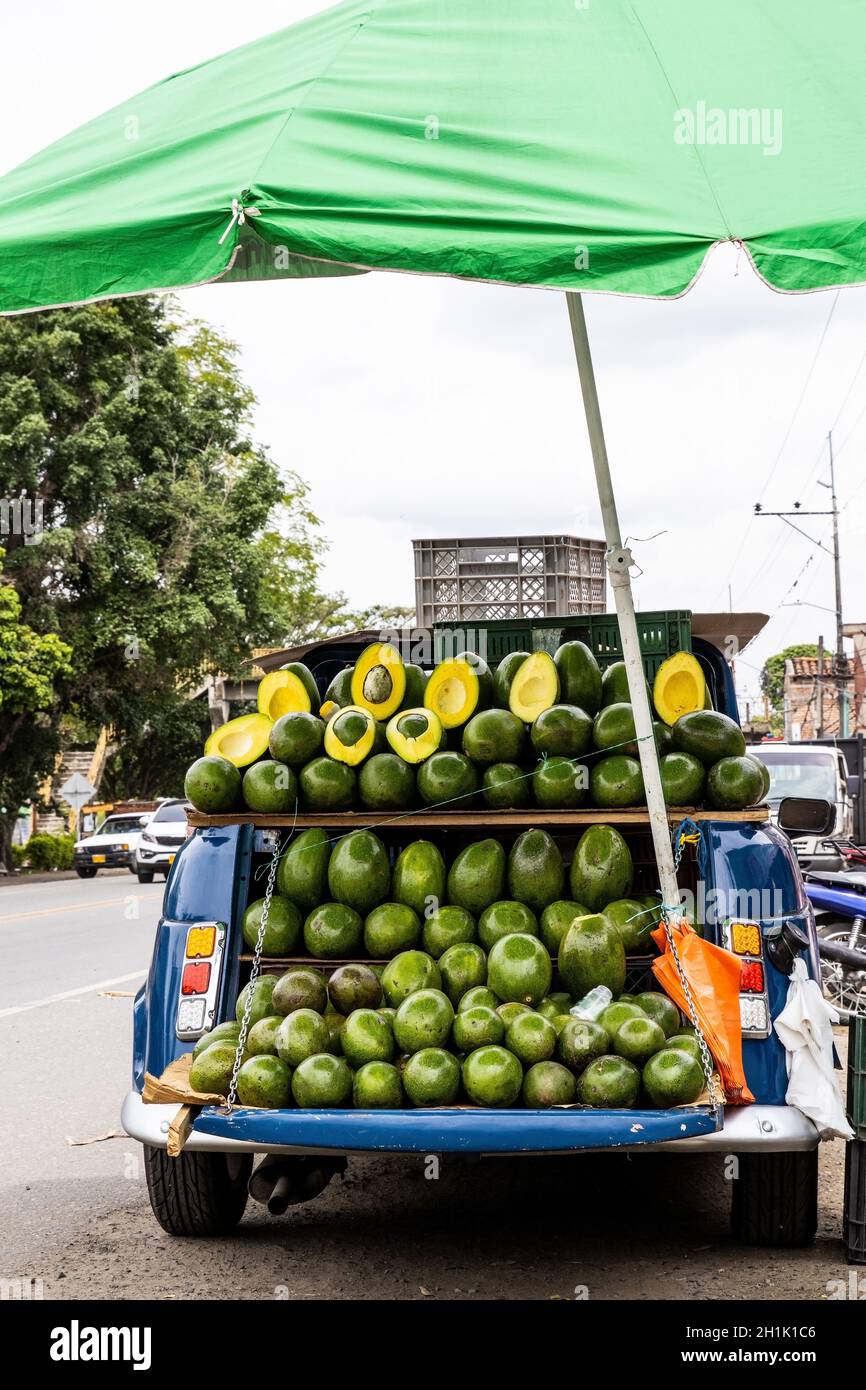 Street sell of avocado at an old car at El Cerrito on the Valle del Cauca region in Colombia Stock Photo