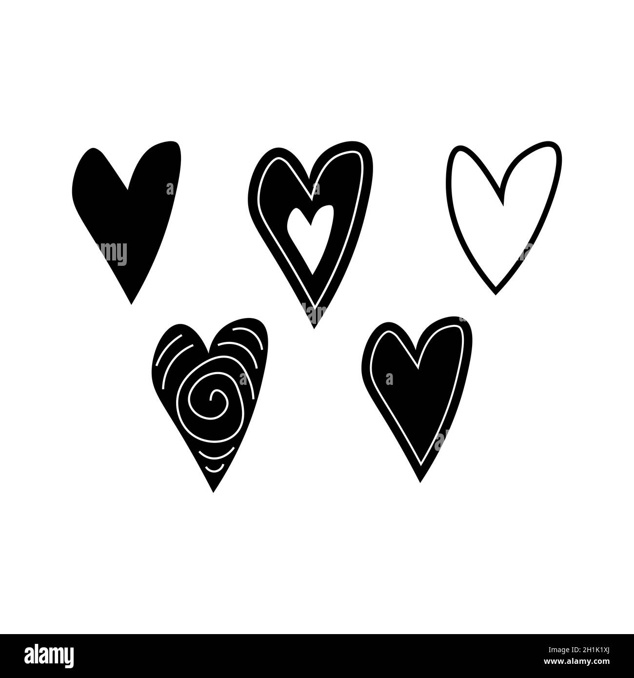 Set of hearts of different shapes in black and white color isolated on ...