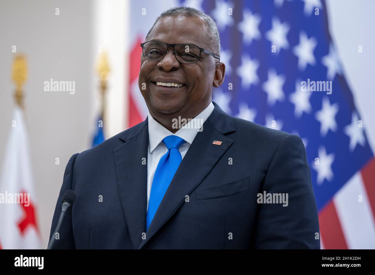 Tbilisi, Georgia. 18th Oct, 2021. U.S. Secretary of Defense Lloyd J. Austin III, reacts to a question during a joint press conference with Georgian Minister of Defense Juansher Burchuladze at the Georgian Ministry of Defense October 18, 2021 in Tbilisi, Georgia. Austin is in Tbilisi to reaffirm U.S. support for sovereignty and territorial integrity. Credit: Chad McNeeley/DOD/Alamy Live News Stock Photo