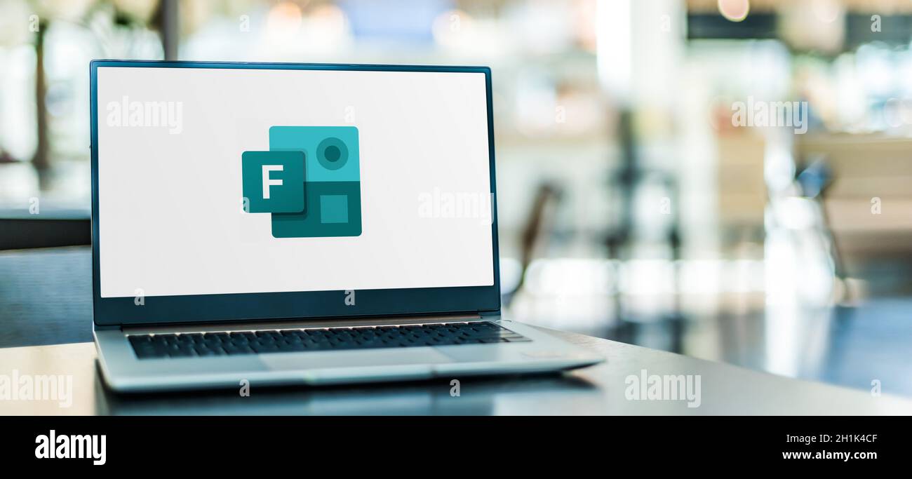 POZNAN, POL - SEP 23, 2020: Laptop computer displaying logo of Microsoft Forms, an online survey creator, part of Office 365 Stock Photo