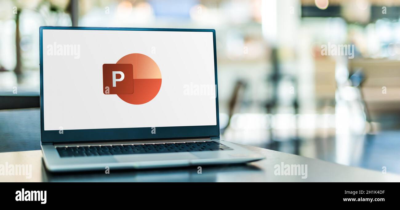 POZNAN, POL - SEP 23, 2020: Laptop computer displaying logo of Microsoft PowerPoint, a presentation program, part of the Office family software and se Stock Photo