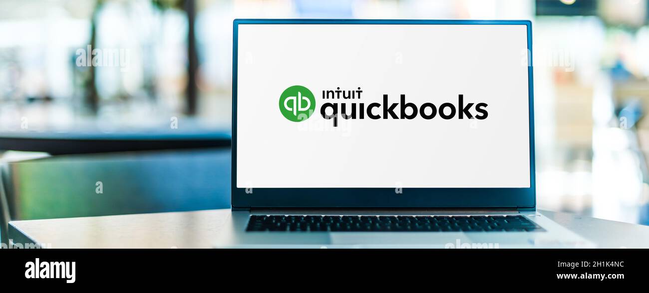 POZNAN, POL - SEP 23, 2020: Laptop computer displaying logo of QuickBooks, an accounting software package developed and marketed by Intuit Stock Photo