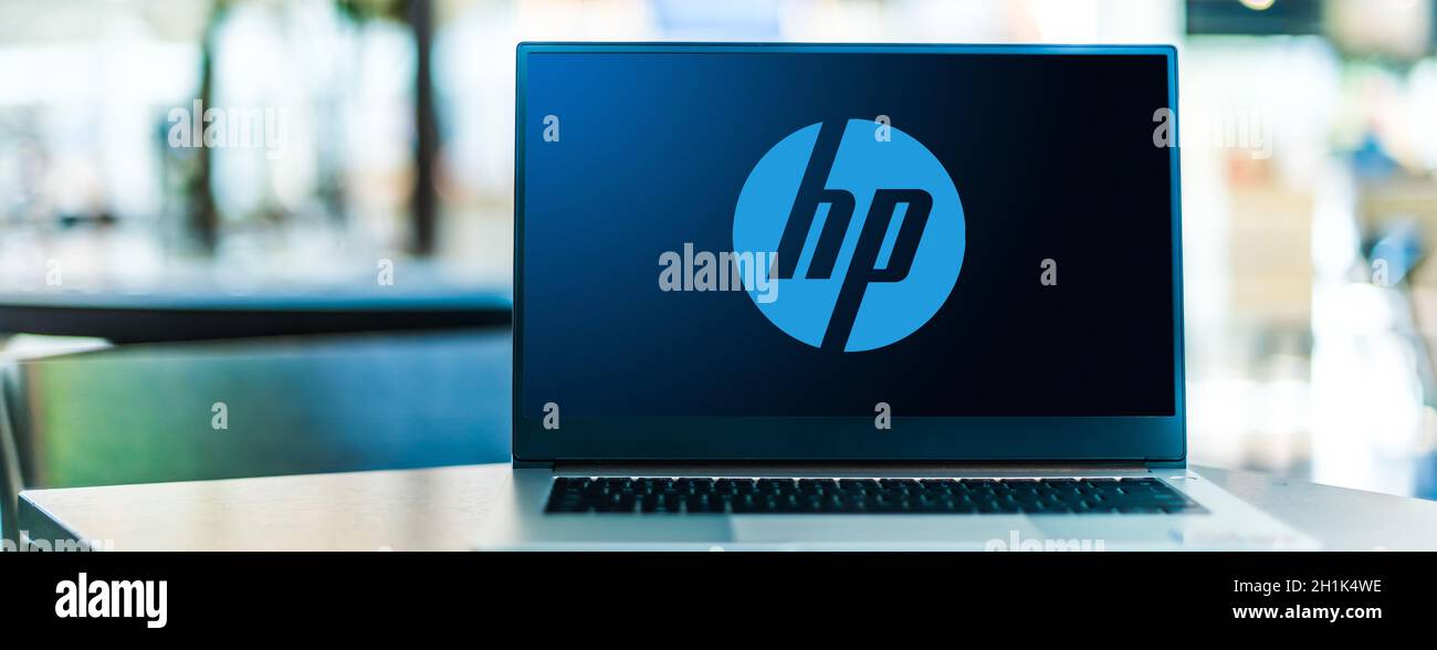 POZNAN, POL SEP 23, 2020 Laptop computer displaying logo of HP, a