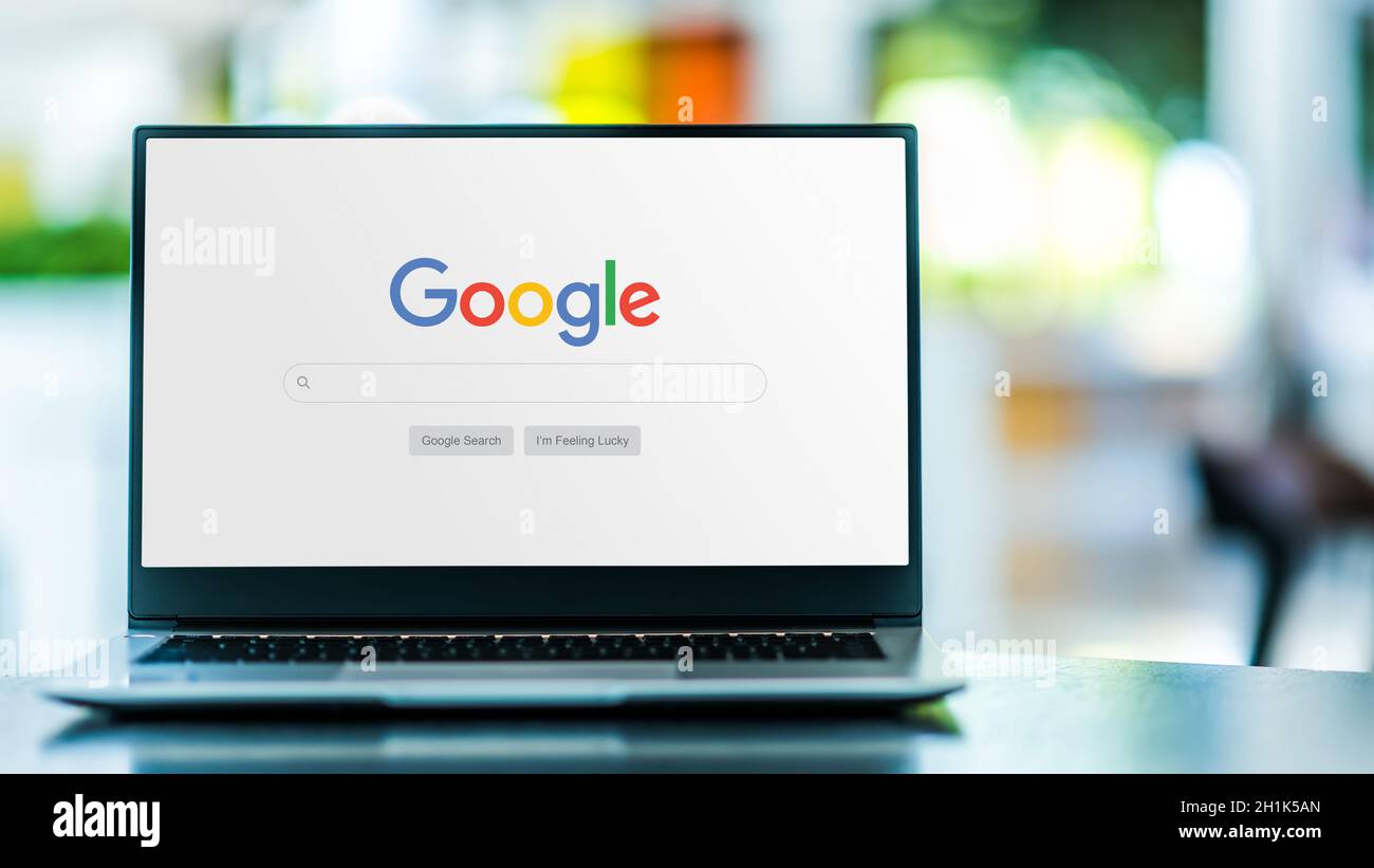 POZNAN, POL - SEP 23, 2020: Laptop computer displaying logo of Google, an American multinational technology company that specializes in Internet-relat Stock Photo