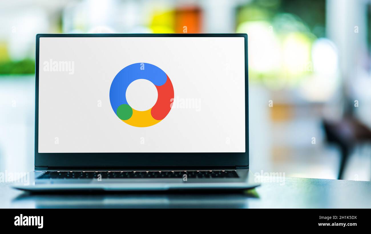 POZNAN, POL - SEP 23, 2020: Laptop computer displaying logo of Google Marketing Platform, a web analytics service offered by Google that tracks and re Stock Photo