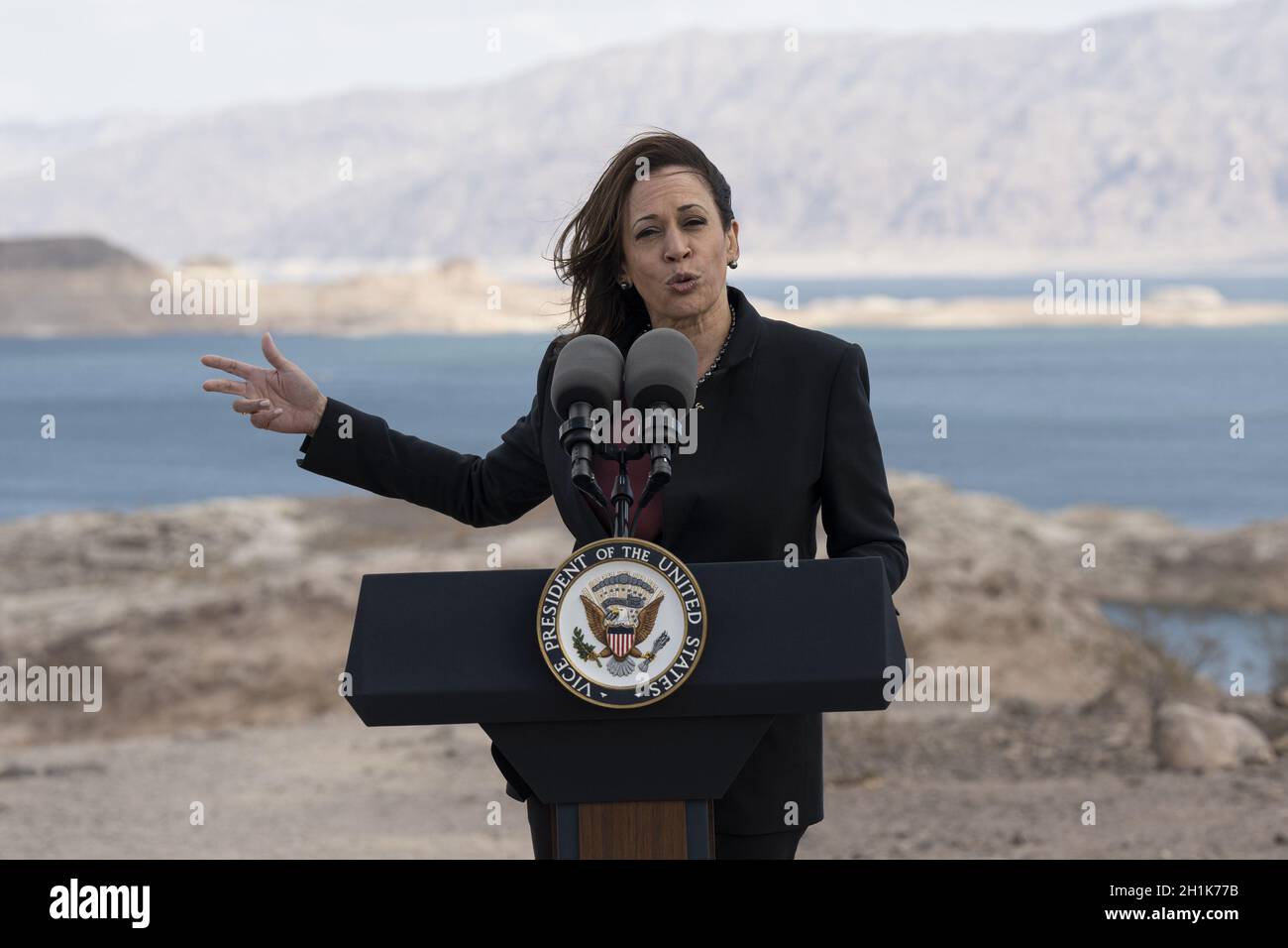 Boulder City, United States. 18th Oct, 2021. U.S. Vice President Kamala Harris gives remarks at sunset view scenic overlook while touring Lake Mead in Boulder City, Nevada, U.S. on Monday, Oct. 18, 2021. Harris is making the case for investment in climate resilience through passing the Build Back Better Agenda and the Bipartisan Infrastructure Deal while emphasizing that water shortages have a ripple effect on farmers, food supply, and the economy. Photo by Bridget Bennett/UPI Credit: UPI/Alamy Live News Stock Photo