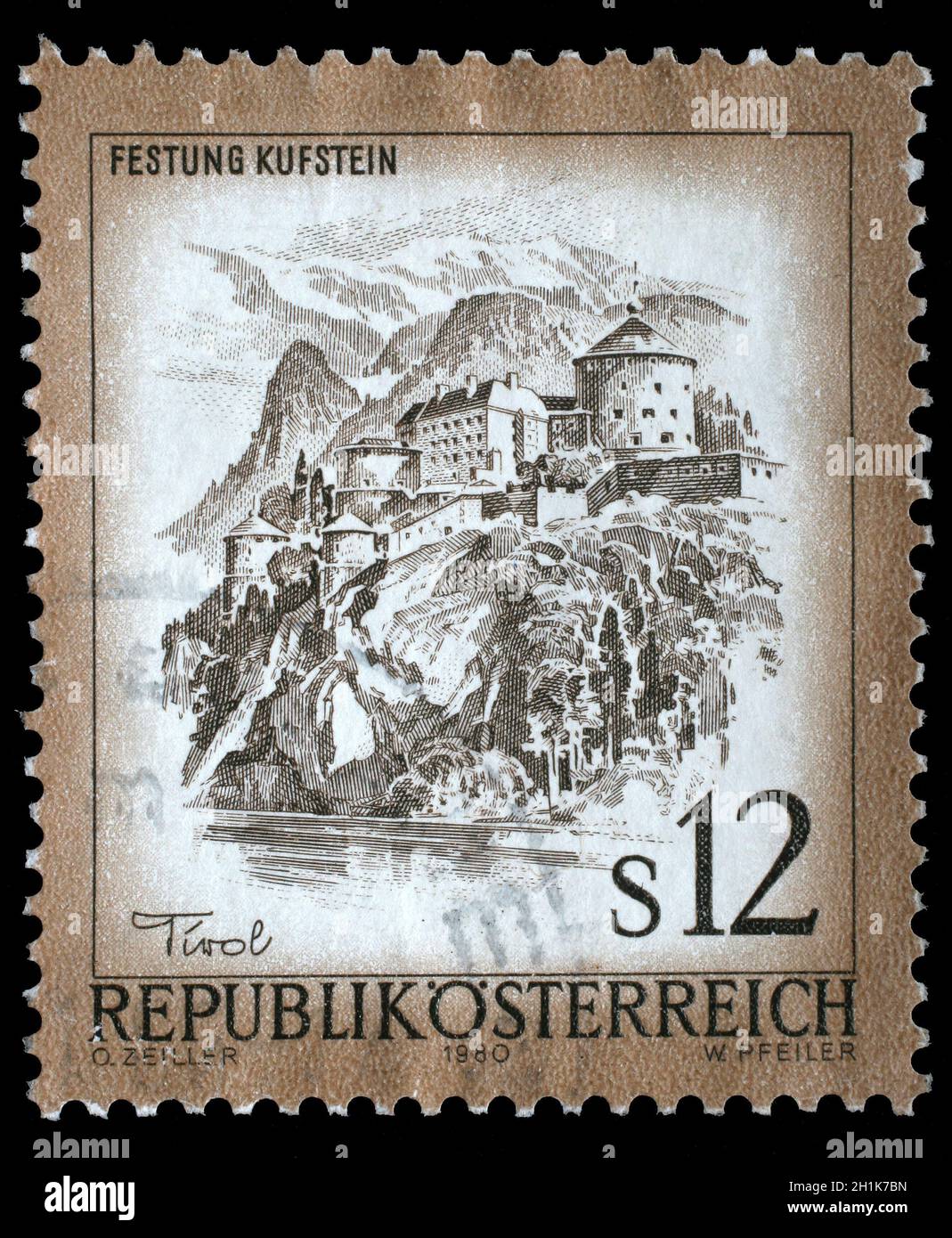 Stamp printed in Austria shows Festung Kufstein castle in Tyrol, series 'Austria sights', circa 1980. Stock Photo