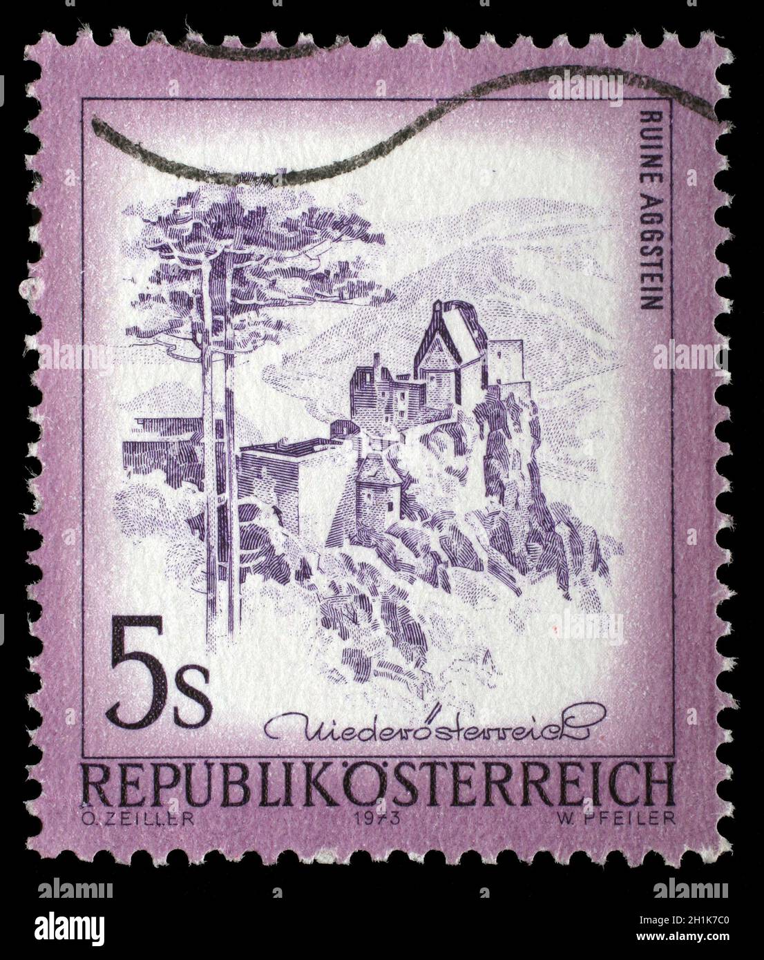 Stamp printed in Austria shows Aggstein Castle, Lower Austria, series 'Austria sights', circa 1973. Stock Photo