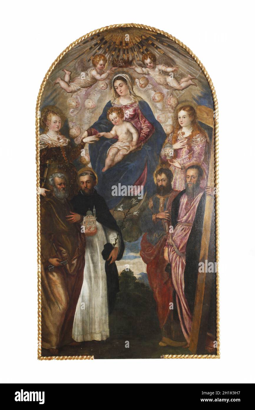 Jacopo Tintoretto: Madonna and Child, St. Catherine, St. Mary Magdalene, St. Peter, St.. Dominic, St. Paul and St. Andrew Stock Photo