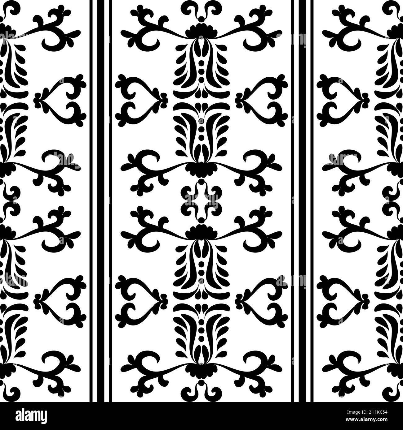 Vintage victorian pattern with stripes, seamless pattern. Black and white color. Vector graphic. Decorative texture. For fabric, tile, wallpaper or Stock Vector