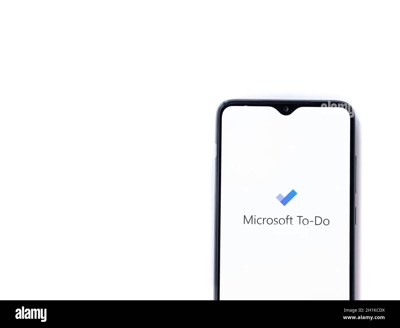 Lod, Israel - July 8, 2020: Microsoft To Do app launch screen with logo on the display of a black mobile smartphone isolated on white background. Top Stock Photo