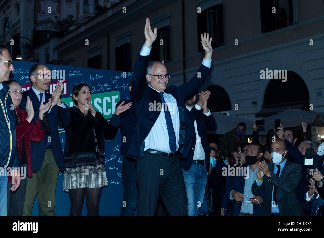 Rome Italy. 18 October 2021. Newly elected mayor of Rome, center-left candidate, Roberto Gualtieri addresses supporters as he celebrates his victory in Rome. Credit: Cosimo Martemucci / Alamy Live News Stock Photo