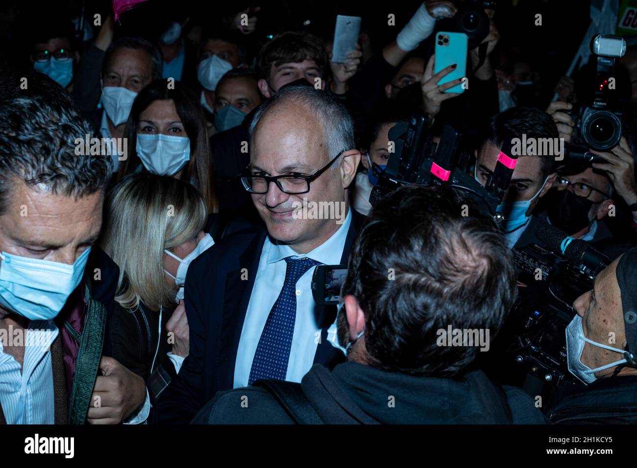 Rome Italy. 18 October 2021. Newly elected mayor of Rome, center-left candidate, Roberto Gualtieri addresses supporters as he celebrates his victory in Rome. Credit: Cosimo Martemucci / Alamy Live News Stock Photo