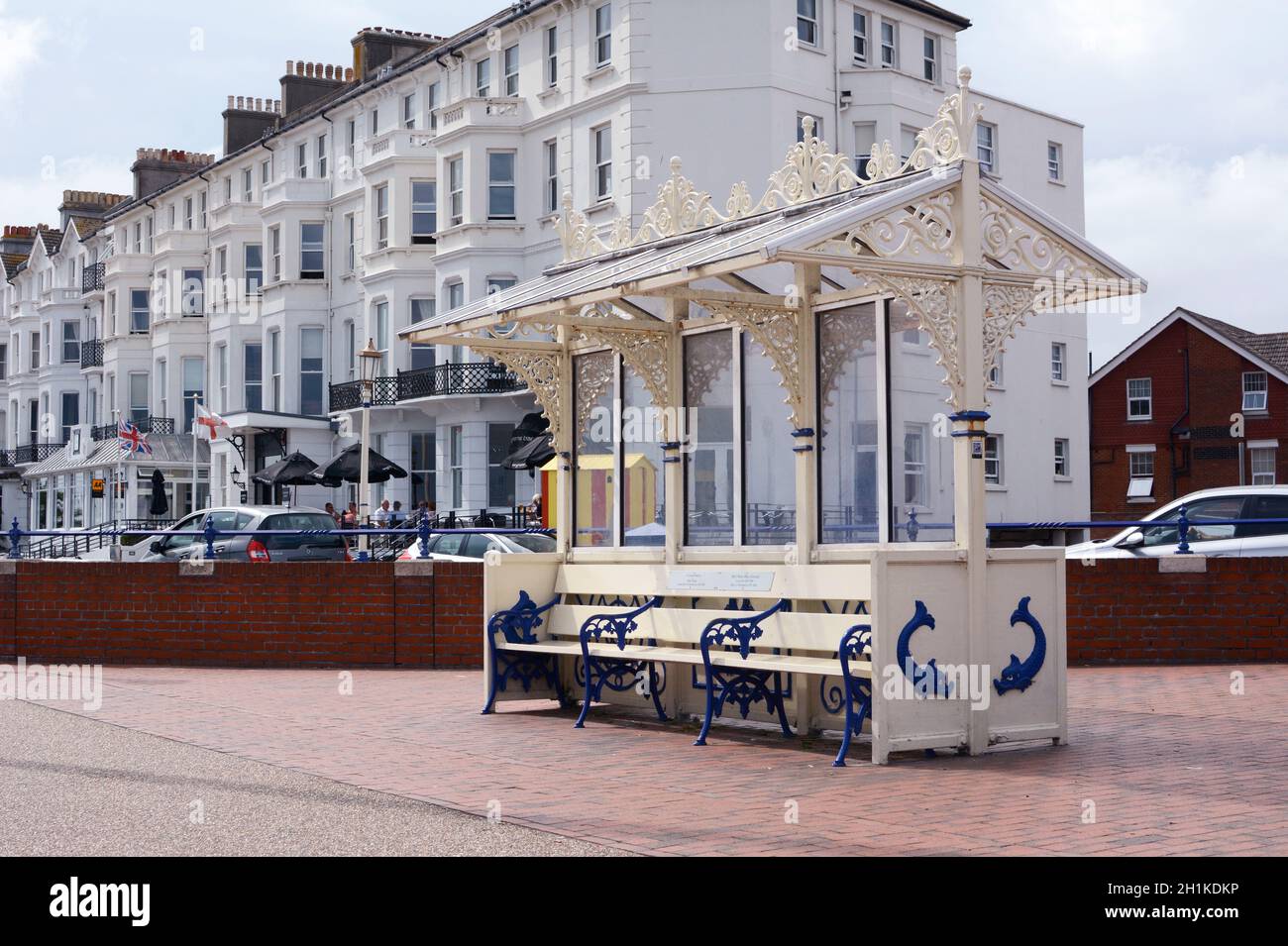 EASTBOURNE, UK AUGUST 28, 2019 Ornate sheltered bench on Royal