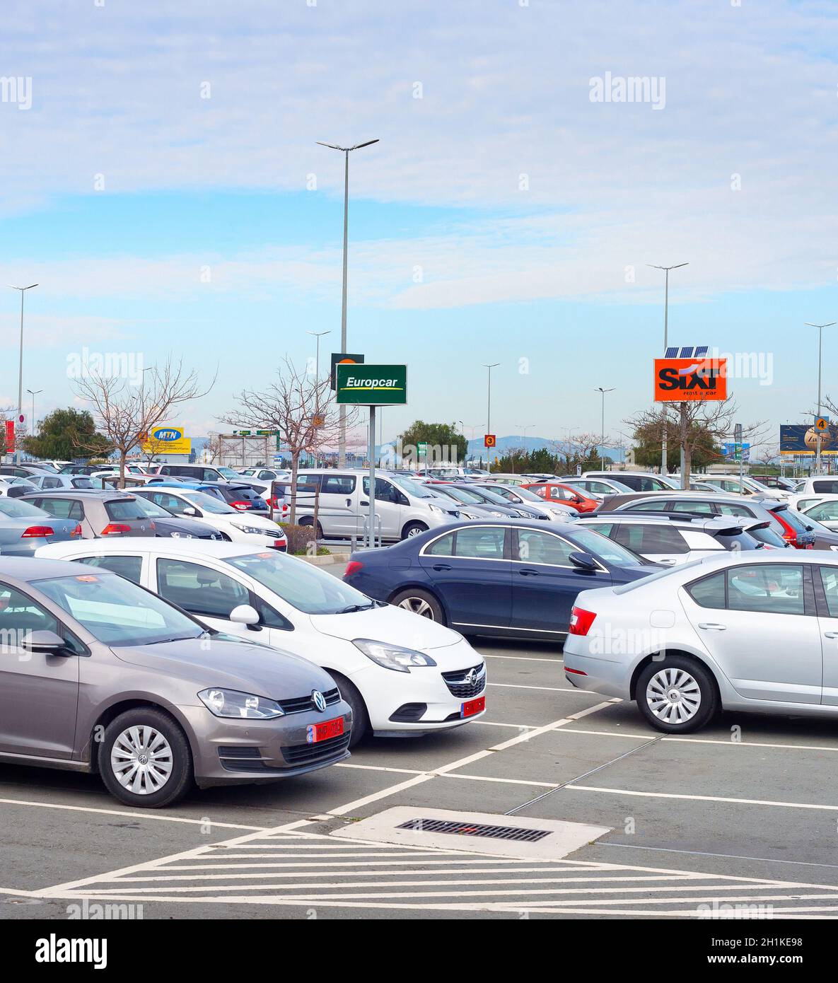 LARNACA, CYPRUS FEB 21, 2019 Cars for rent at parking lot at Larnaca