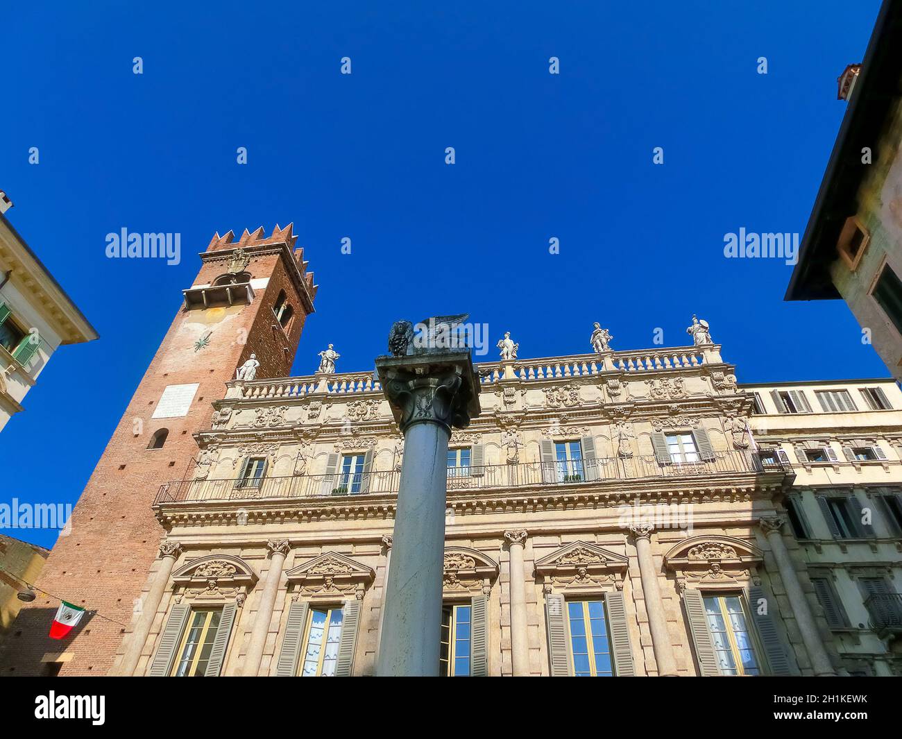 Verona, Italy - September 22, 2014: The winged lion of St Mark, symbol of the Venetian Republic, in Piazza delle Erbe, Verona on September 22, 2014 Stock Photo