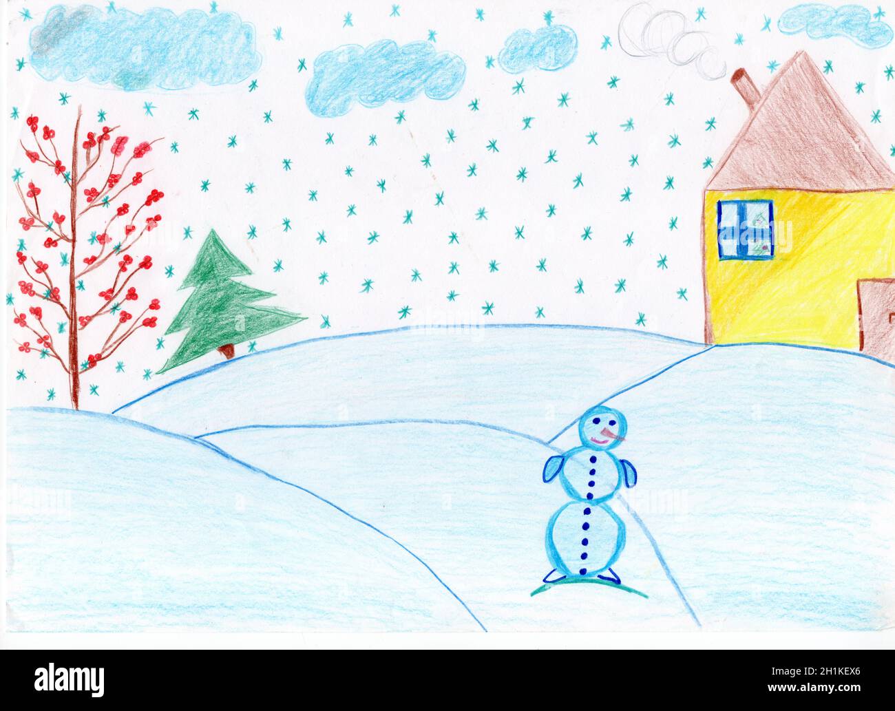 Colorful drawing of house and snowman standing on snowy hills. Winter ...